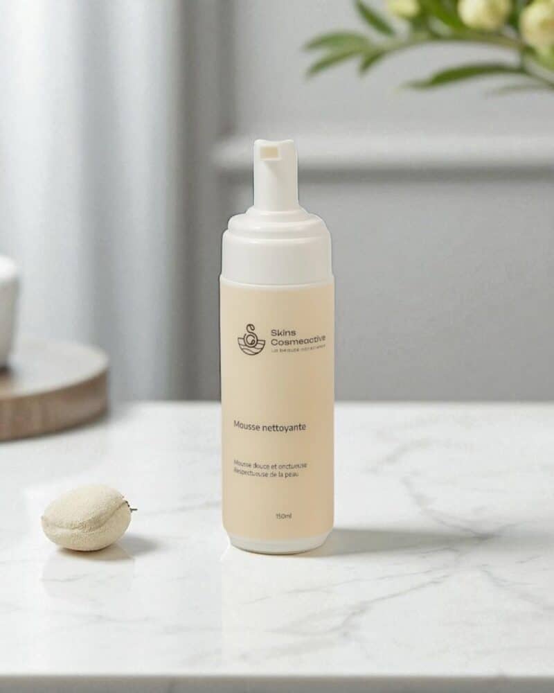 Mousse nettoyante bio SkinsCosmeactive posée sur une table de salle de bain, flacon élégant en décor naturel