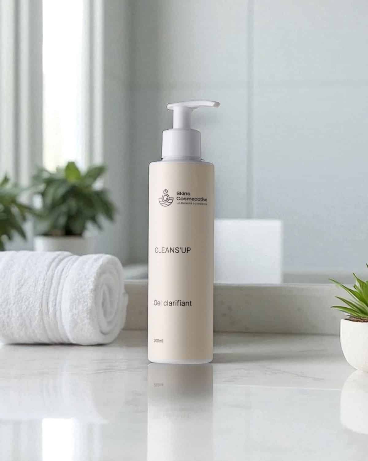 Gel nettoyant clarifiant  et purifiant cleans'up Skinscosmeactive photographié avec son packaging sur fond naturel
