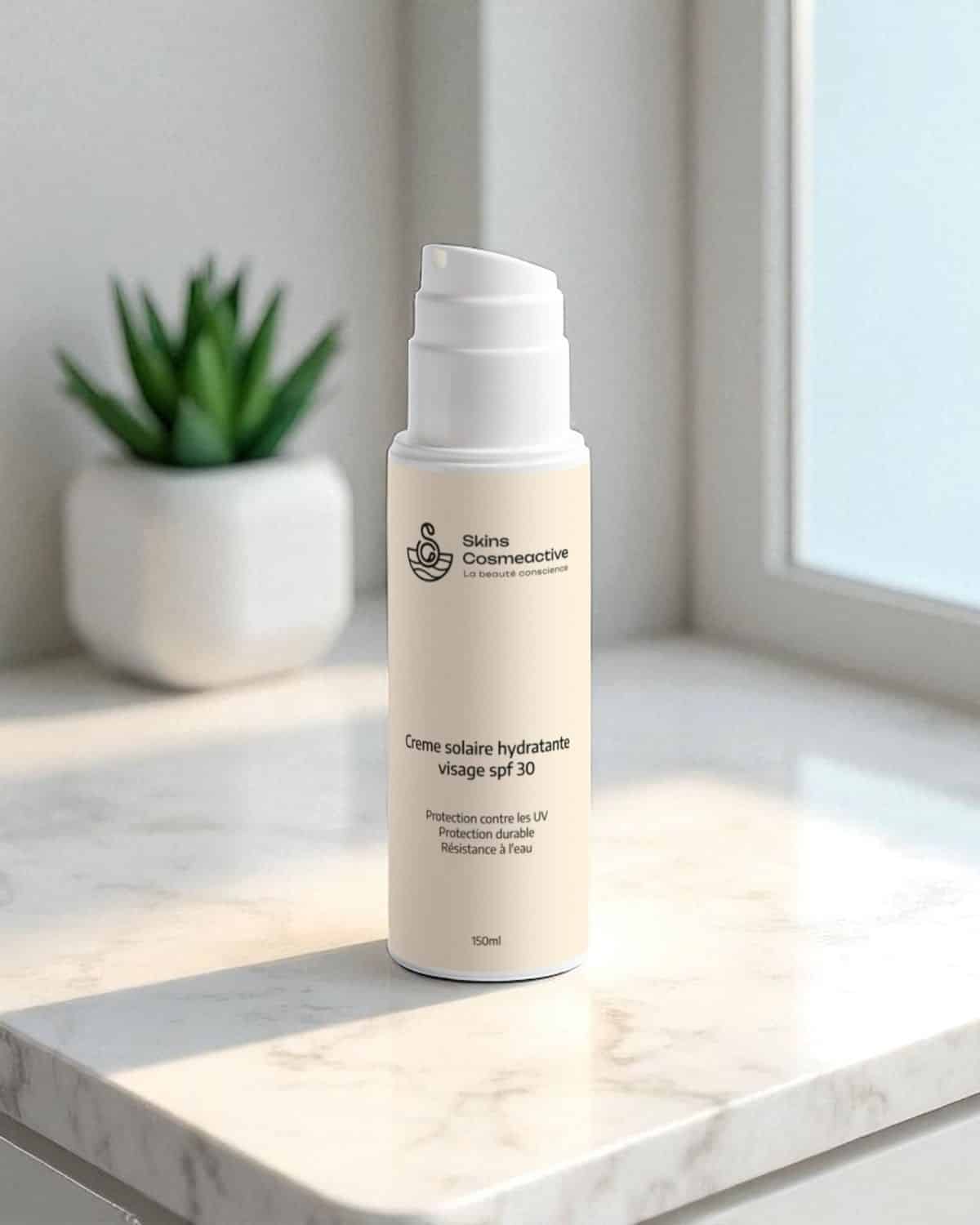 Crème solaire spa 30 sur fond neutre flacon beige minimaliste, soin protecteur hydratant pour tous types de peaux.