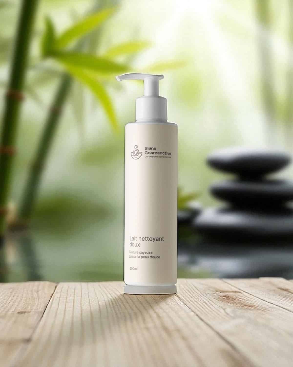 Flacon du lait nettoyant doux Skinscosmeactive – soin visage bio pour nettoyer sans agresser les peaux sensibles